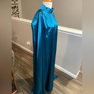 Teal Satin Kaftan Maxi Dress High Neck Pockets Flowing Modest One Size